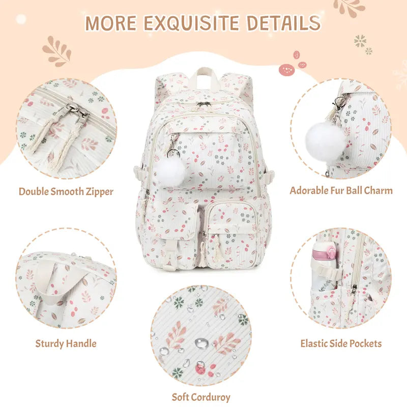 Similove Corduroy Floral Casual Printed Backpack Set - 3-Pocket Kawaii 3/4PCS Bundle with Lunch Bag, Pencil Case, Water Bottle, Lightweight School Supplies for Preschoolers, Daily Carry Book Bag