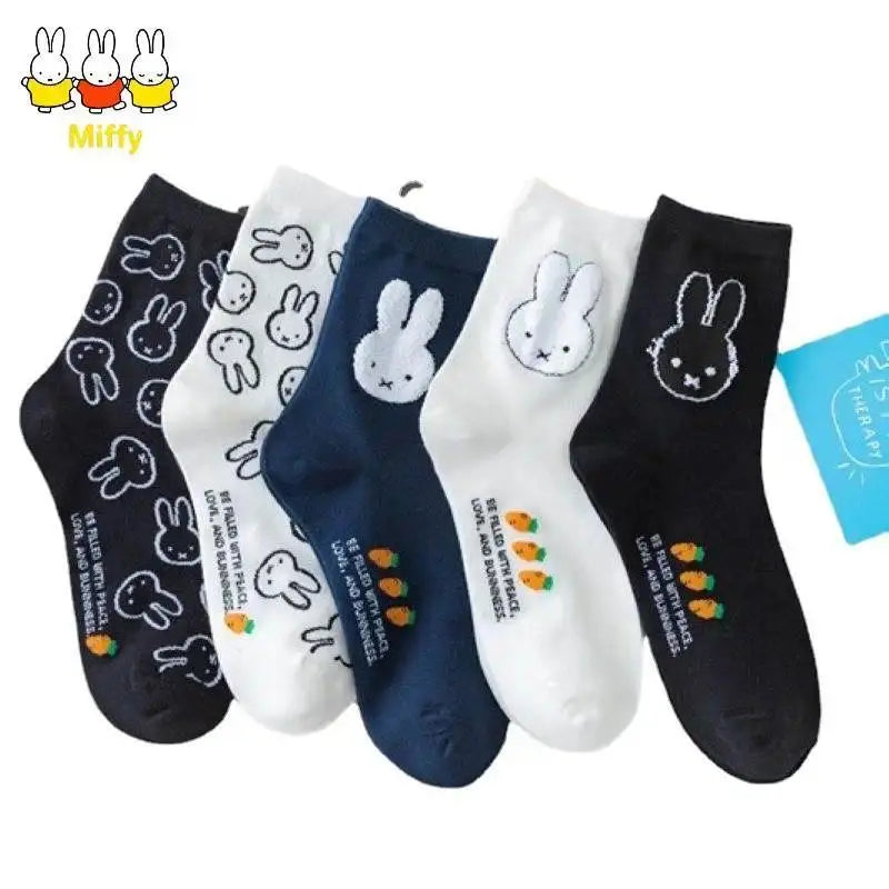 Cute Cartoon Calf-High Pure Cotton Socks for Girls, Kawaii Miffy Black and White Rabbit Design, Casual Versatile No-Slip Home Use Socks