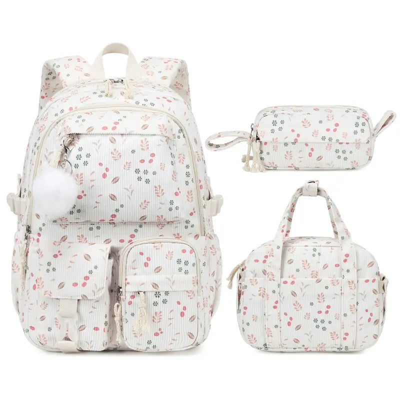 Similove Corduroy Floral Casual Printed Backpack Set - 3-Pocket Kawaii 3/4PCS Bundle with Lunch Bag, Pencil Case, Water Bottle, Lightweight School Supplies for Preschoolers, Daily Carry Book Bag