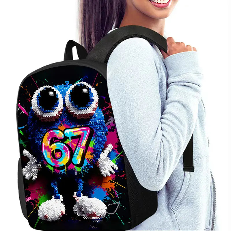 3-pack stylish sequined backpacks, rainbow cute monster 67 theme, lightweight travel large capacity backpacks, fashionable design, back-to-school gift. set