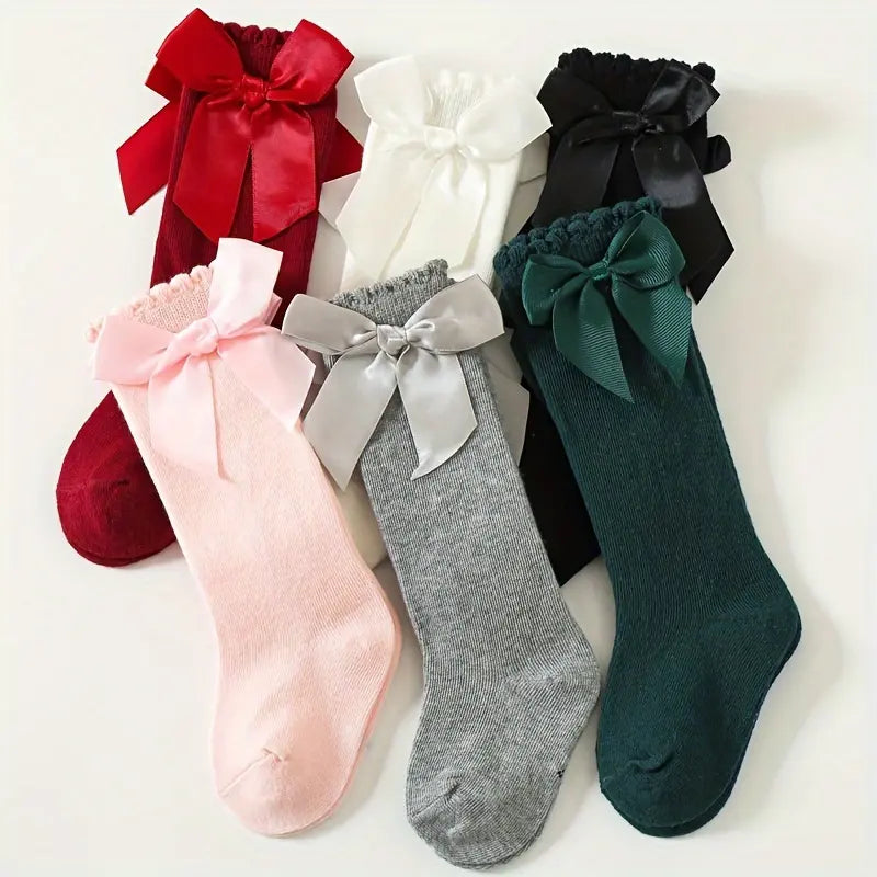 Girls' Solid Color Cotton Mid-Length Sock Pair with Bow Detail - Spanish-Style Princess Kids' Party & Casual Wear, S(0-1Y), M(1-3Y), L(3-5Y), Hand Wash Only, Wine Red