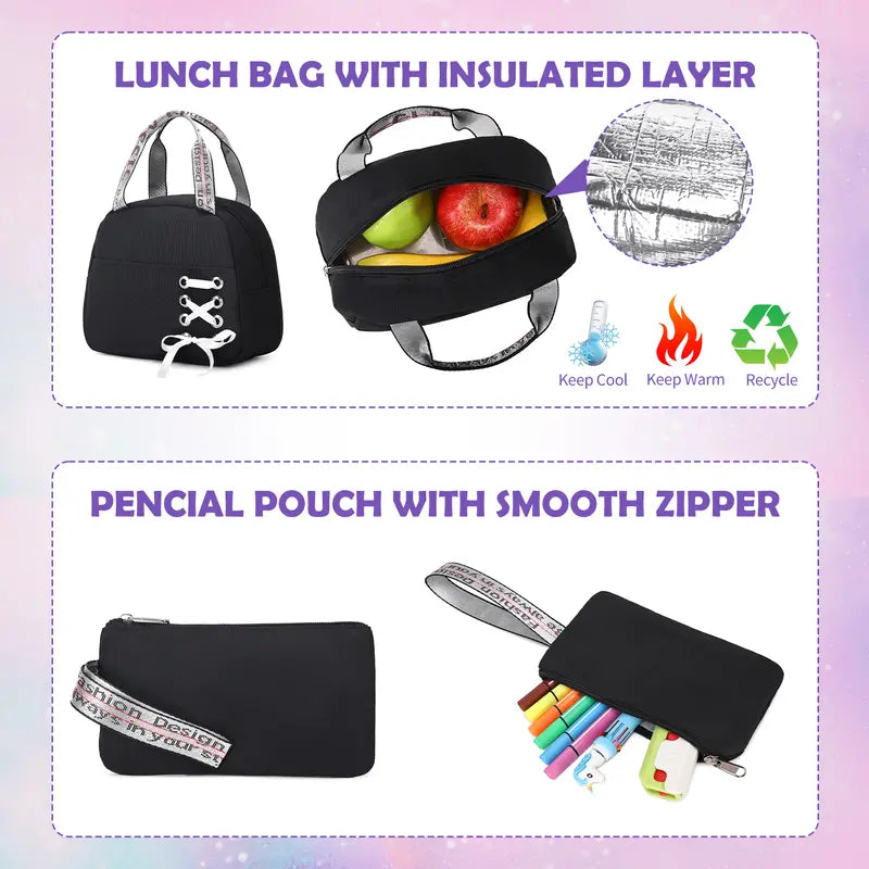 SIMILOVE Y2K Aesthetic Black Backpack Set for Girls Teens - Stylish Daypacks with Tote Bag, Lunch Bag, USB Charging Port, Black Chain, Water Resistant - Back to School Haul, Holidays Essentials for Middle/High School Students