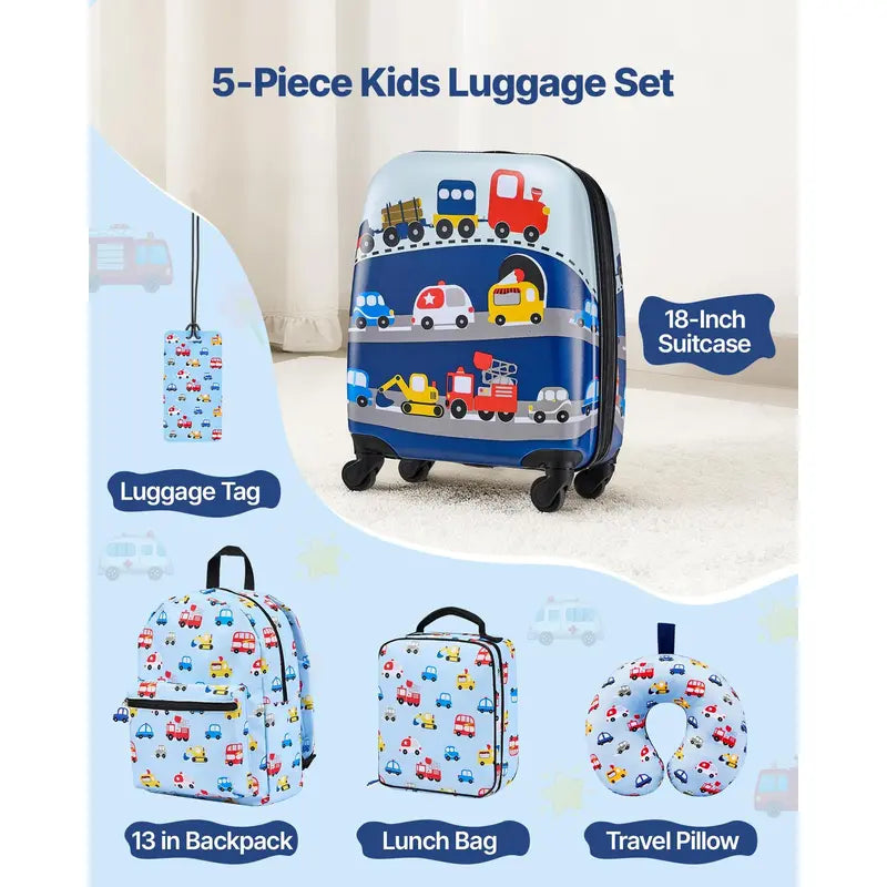 VEVOR Kids 5-Piece Travel Set, Airline Approved Cabin-Ready 18in Hardside Rolling Luggage with Adjustable Handle for Effortless Movement, Backpack, Lunch Bag, U-Shape Pillow, Unicorn Graphic Gift