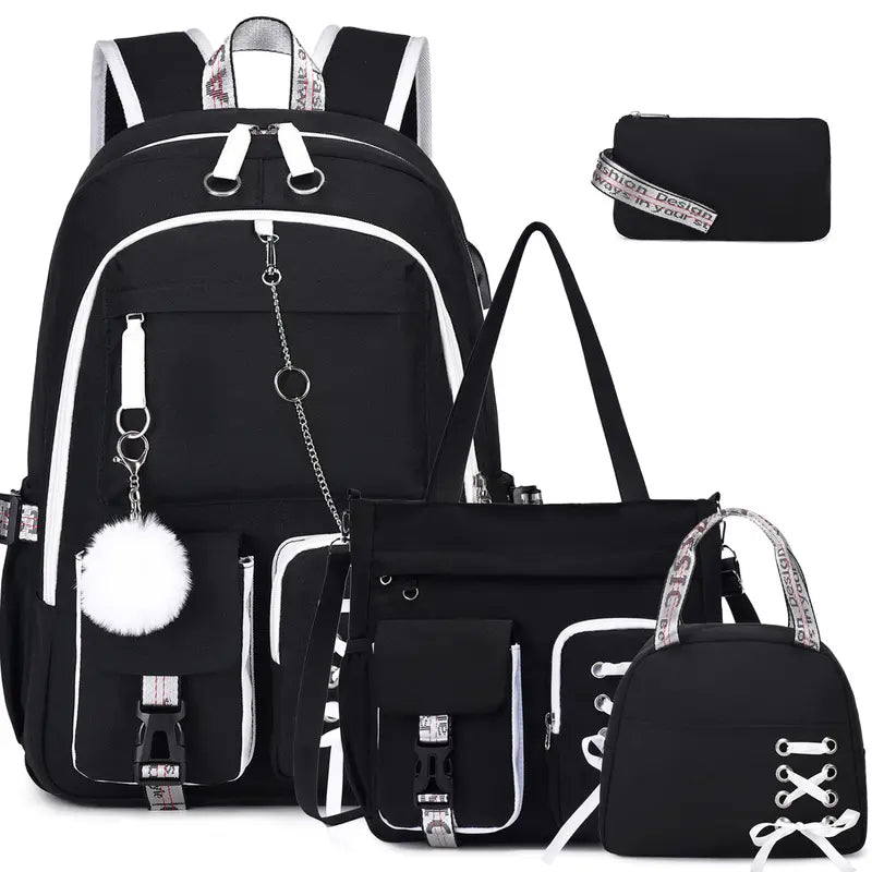 SIMILOVE Y2K Aesthetic Black Backpack Set for Girls Teens - Stylish Daypacks with Tote Bag, Lunch Bag, USB Charging Port, Black Chain, Water Resistant - Back to School Haul, Holidays Essentials for Middle/High School Students