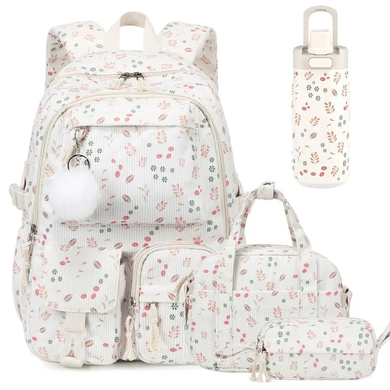 Similove Corduroy Floral Casual Printed Backpack Set - 3-Pocket Kawaii 3/4PCS Bundle with Lunch Bag, Pencil Case, Water Bottle, Lightweight School Supplies for Preschoolers, Daily Carry Book Bag