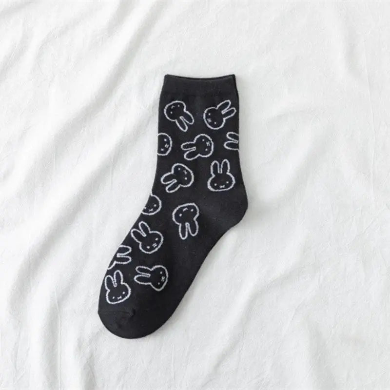 Cute Cartoon Calf-High Pure Cotton Socks for Girls, Kawaii Miffy Black and White Rabbit Design, Casual Versatile No-Slip Home Use Socks