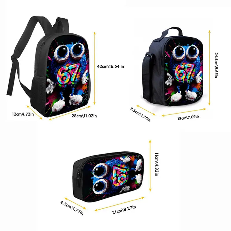 3-pack stylish sequined backpacks, rainbow cute monster 67 theme, lightweight travel large capacity backpacks, fashionable design, back-to-school gift. set