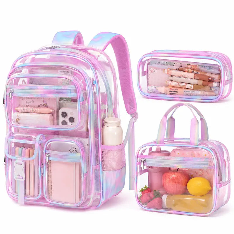 Fimibuke Waterproof PVC Plastic 3PCS Backpack Set Pack - Lightweight, Zipper-Closure, with Lunch Box & Pencil Pouch, Stadium Approved, Unisex All Seasons Campus Life Back to School Haul Bags