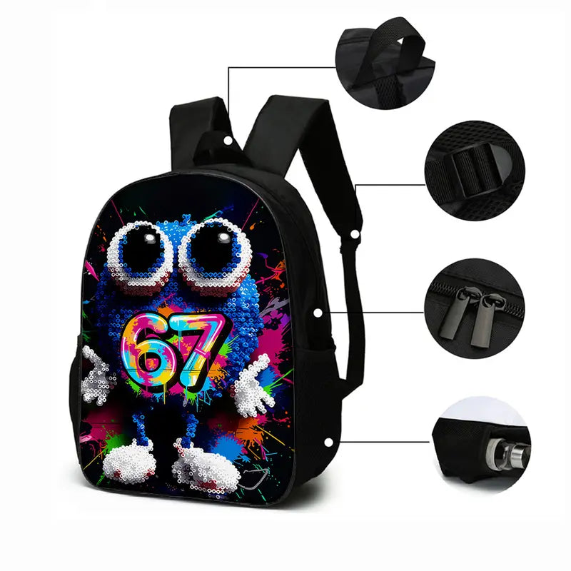 3-pack stylish sequined backpacks, rainbow cute monster 67 theme, lightweight travel large capacity backpacks, fashionable design, back-to-school gift. set