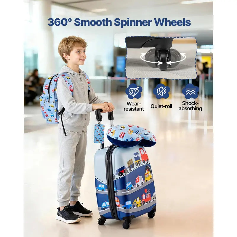 VEVOR Kids 5-Piece Travel Set, Airline Approved Cabin-Ready 18in Hardside Rolling Luggage with Adjustable Handle for Effortless Movement, Backpack, Lunch Bag, U-Shape Pillow, Unicorn Graphic Gift