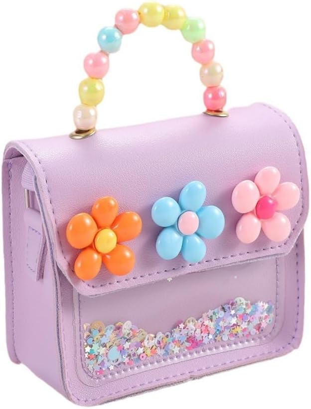 Girl's purse,Girls Mini Purse with Flower Decor, Sparkly Shaker Sequin Crossbody Bag with Beaded Handle