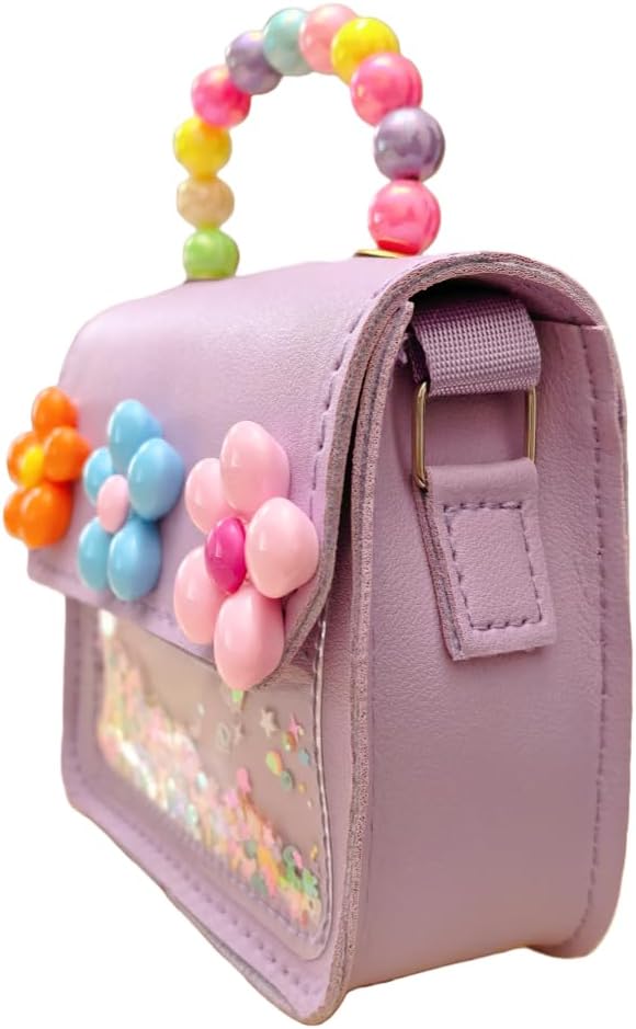 Girl's purse,Girls Mini Purse with Flower Decor, Sparkly Shaker Sequin Crossbody Bag with Beaded Handle