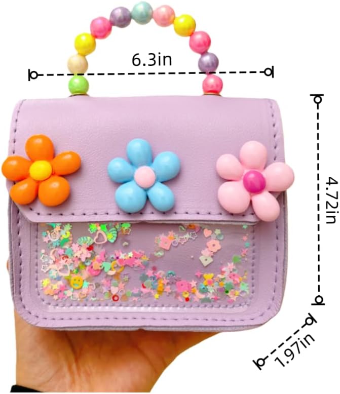 Girl's purse,Girls Mini Purse with Flower Decor, Sparkly Shaker Sequin Crossbody Bag with Beaded Handle