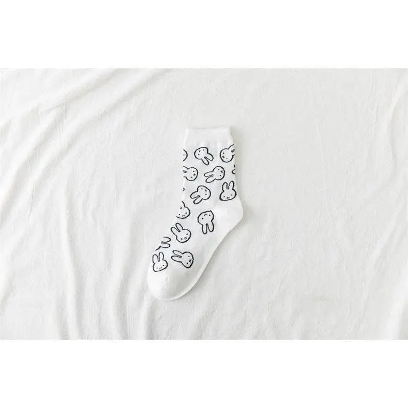 Cute Cartoon Calf-High Pure Cotton Socks for Girls, Kawaii Miffy Black and White Rabbit Design, Casual Versatile No-Slip Home Use Socks