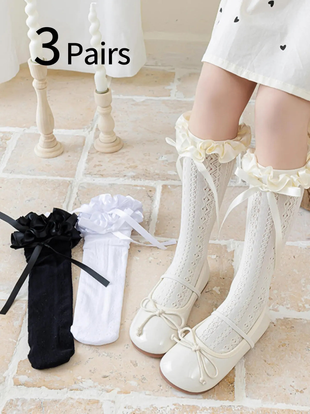 3 Pairs Girls' Summer Thin Bow Hollow Out Knee-High Socks, Lolita Princess Socks, Cute and Sweet, Pair with Small Boots, Lightweight Socks