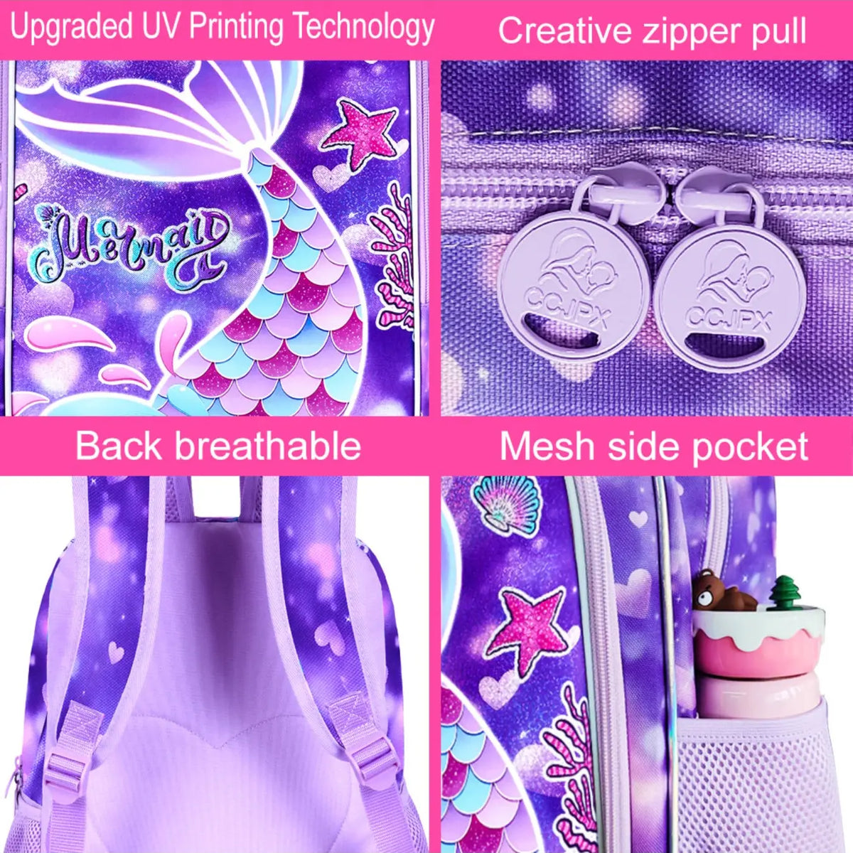 3Pcs Mermaid Backpack for Girls, 16" Kids Fishtail Bookbag with Lunch Box, Cute School Backpack Set for Preschool Kindergarten Toddler(Rainbow), Cute Daypacks