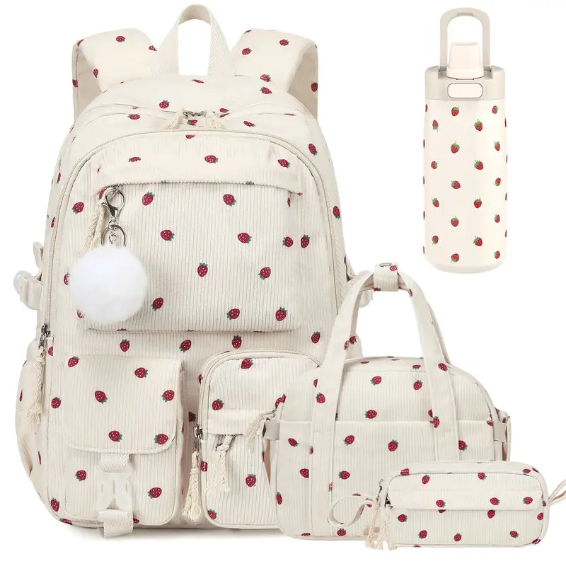 Similove Corduroy Floral Casual Printed Backpack Set - 3-Pocket Kawaii 3/4PCS Bundle with Lunch Bag, Pencil Case, Water Bottle, Lightweight School Supplies for Preschoolers, Daily Carry Book Bag