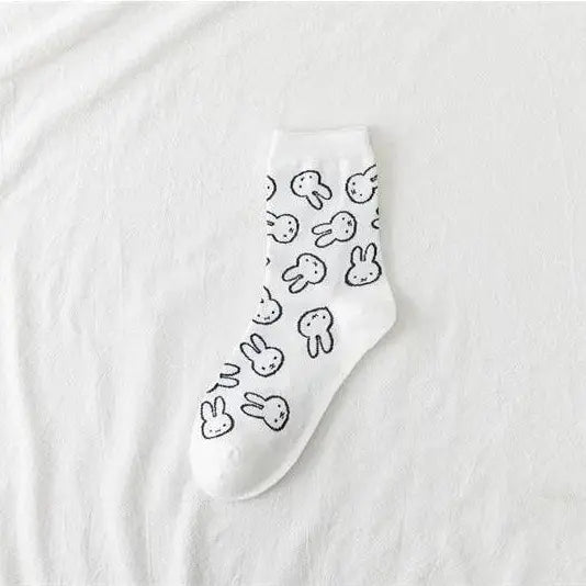 Cute Cartoon Calf-High Pure Cotton Socks for Girls, Kawaii Miffy Black and White Rabbit Design, Casual Versatile No-Slip Home Use Socks