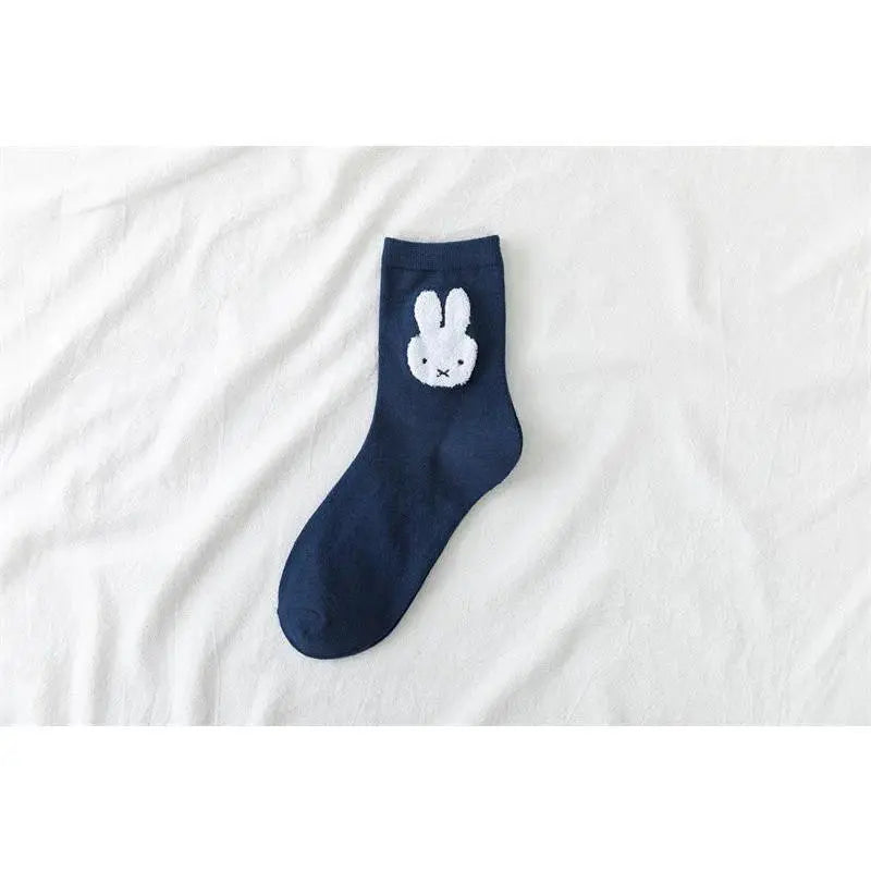 Cute Cartoon Calf-High Pure Cotton Socks for Girls, Kawaii Miffy Black and White Rabbit Design, Casual Versatile No-Slip Home Use Socks
