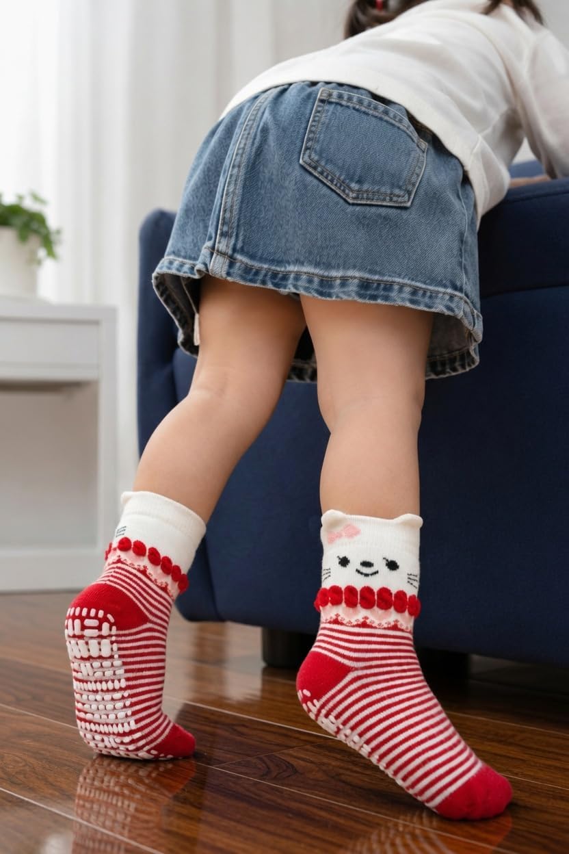 RATIVE Baby Girl Non Slip Grip Socks 12-Pack Soft Cotton Toddler Girl Socks