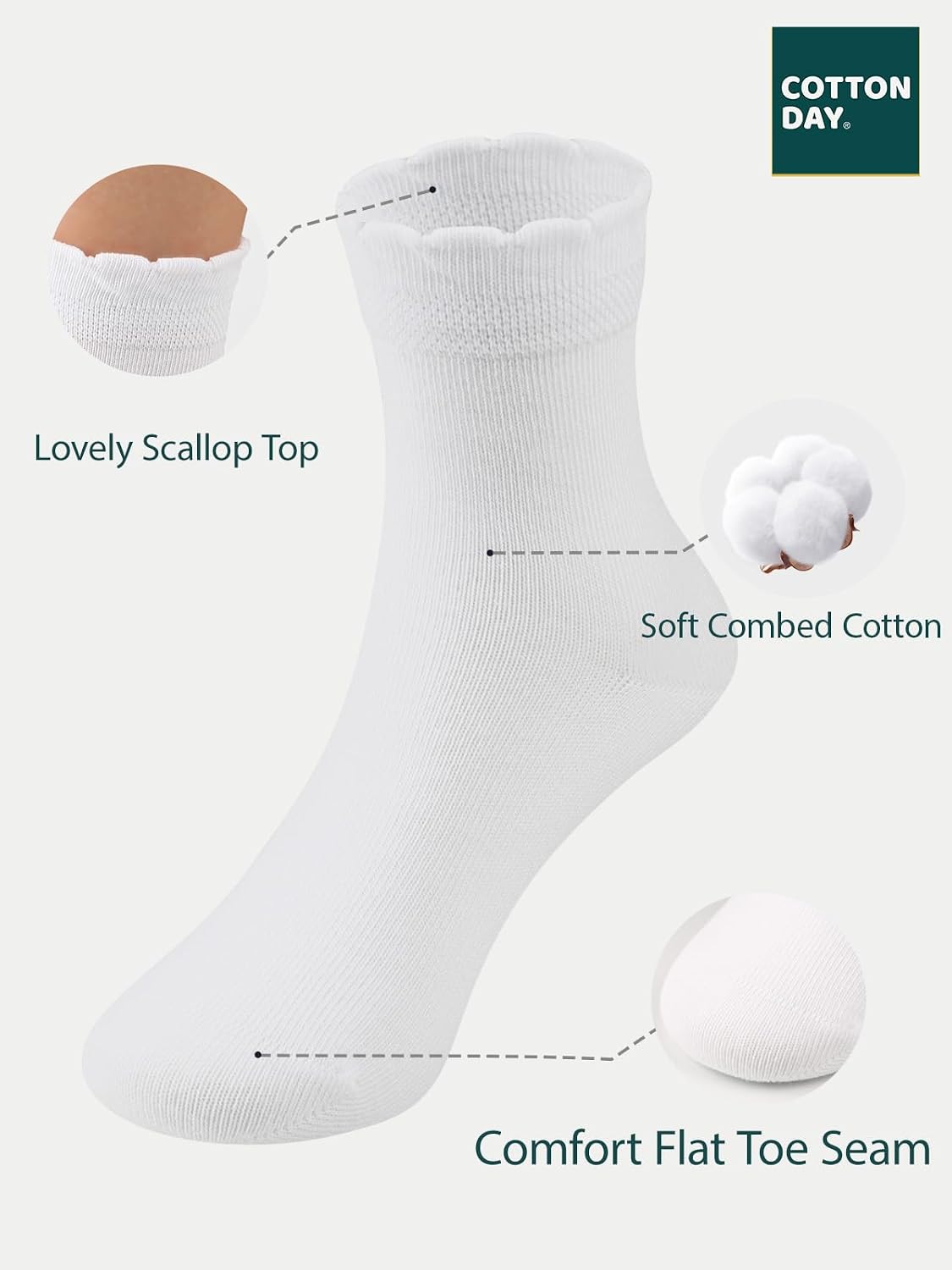 COTTON DAY Kids Girls White Dressy Textured Thin Socks Scallop Top 5 Pack