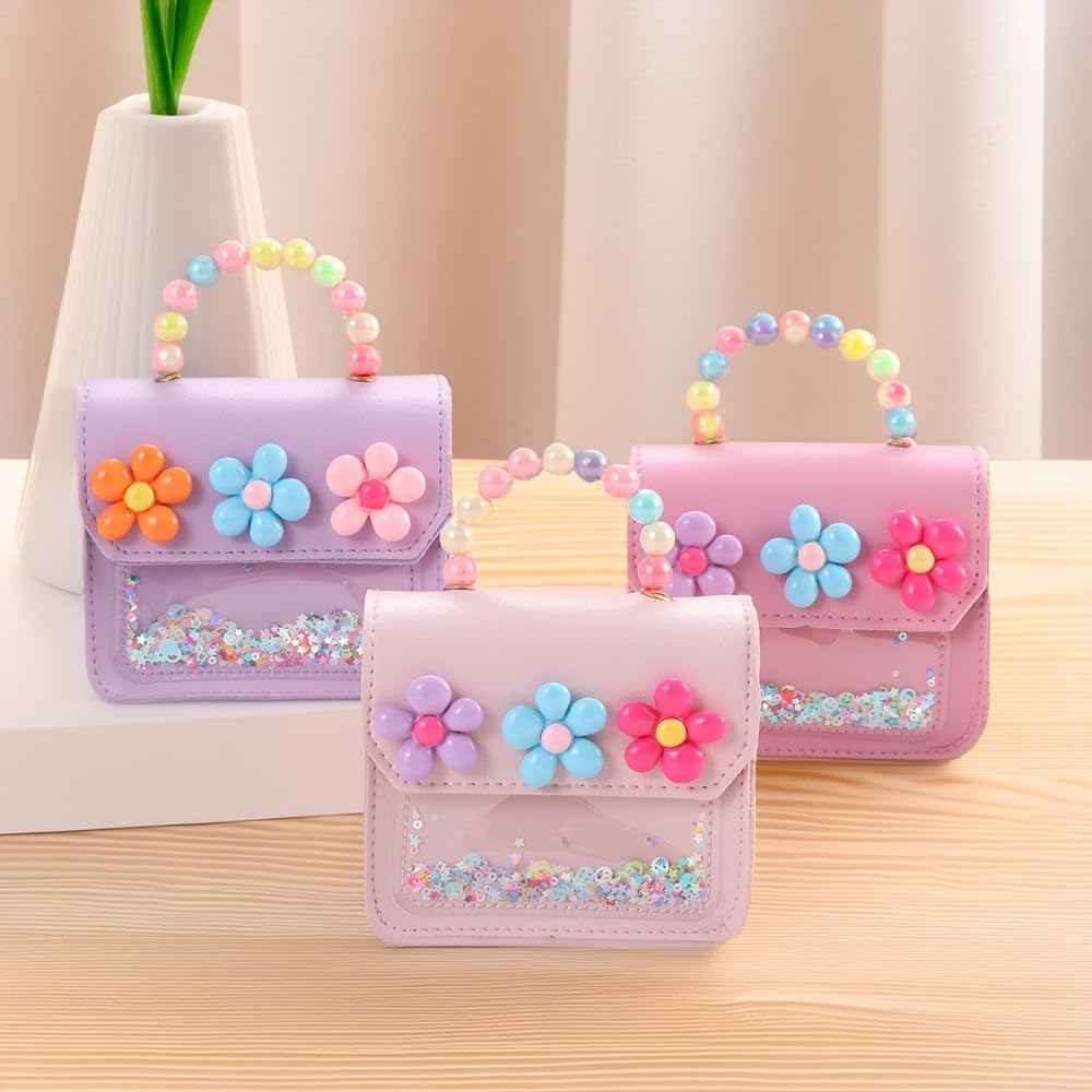 Girl's purse,Girls Mini Purse with Flower Decor, Sparkly Shaker Sequin Crossbody Bag with Beaded Handle