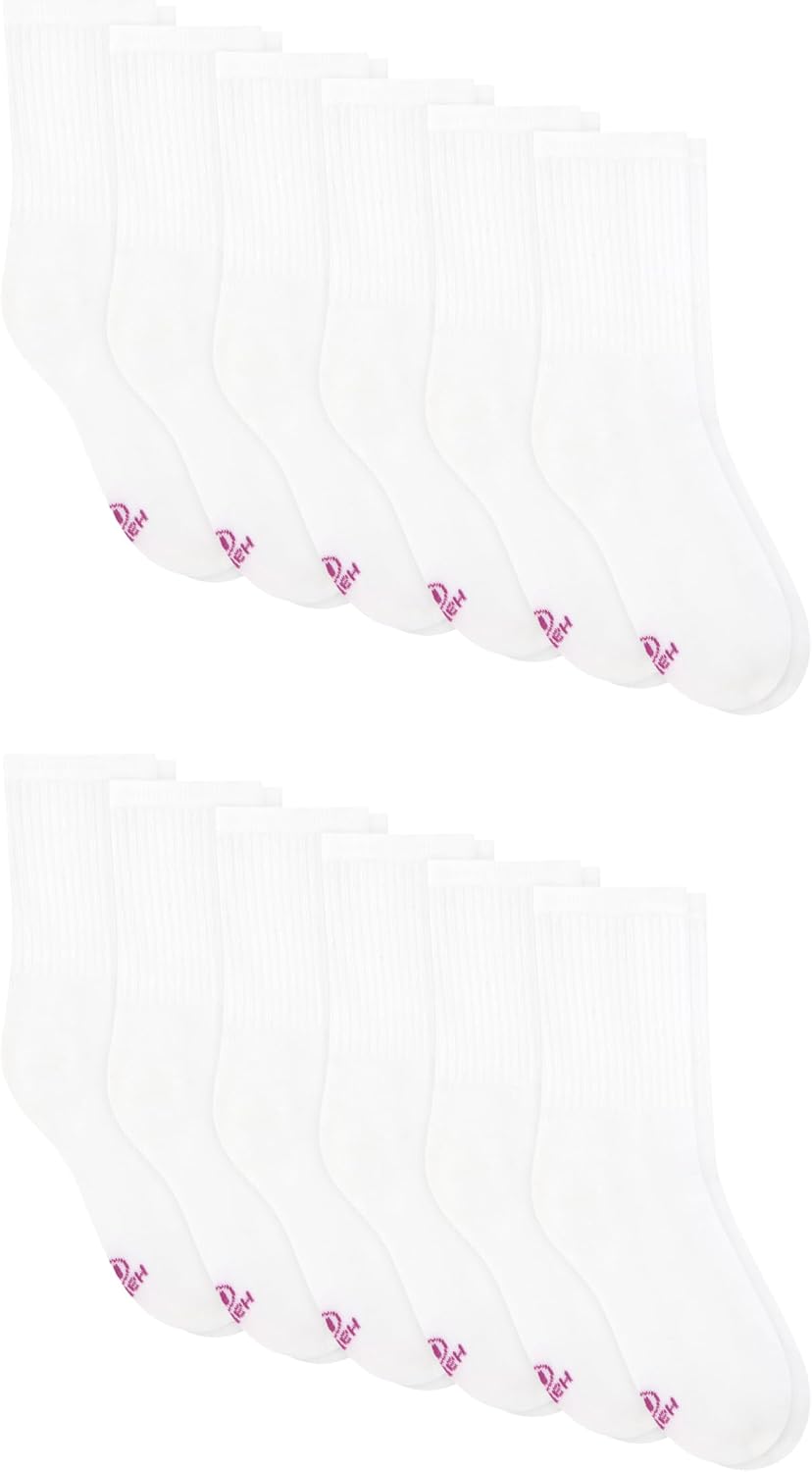 Hanes Girls' White Crew, Ankle & No Show Socks Pack, Cushioned Socks, Uniform Socks for Girls, 12-pairs