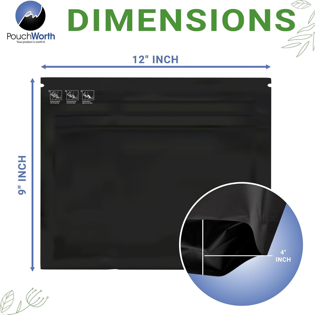 50 Pack Glossy Black 12"x9"x4" Resealable Stand Up Pouch ASTM-D3475 Standard Child Resistant Exit Bags