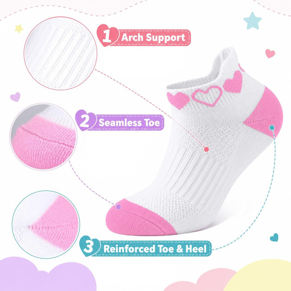 floconssy Girls Socks Ankle Athletic Kids Socks for 4-6 6-8 8-10 Years Old