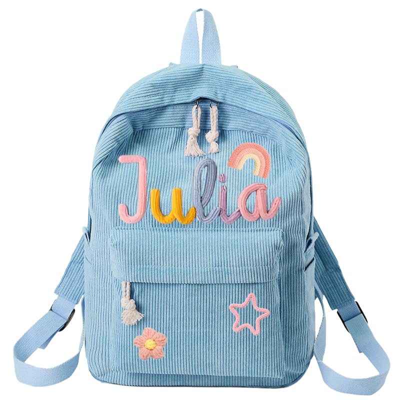 Personalized Backpack for Girls/Boys, Custom Corduroy School Bag with Cotton Rope Embroidery Name, Back to School Bag Gifts for Kids, Children Birthday/Christmas Gift