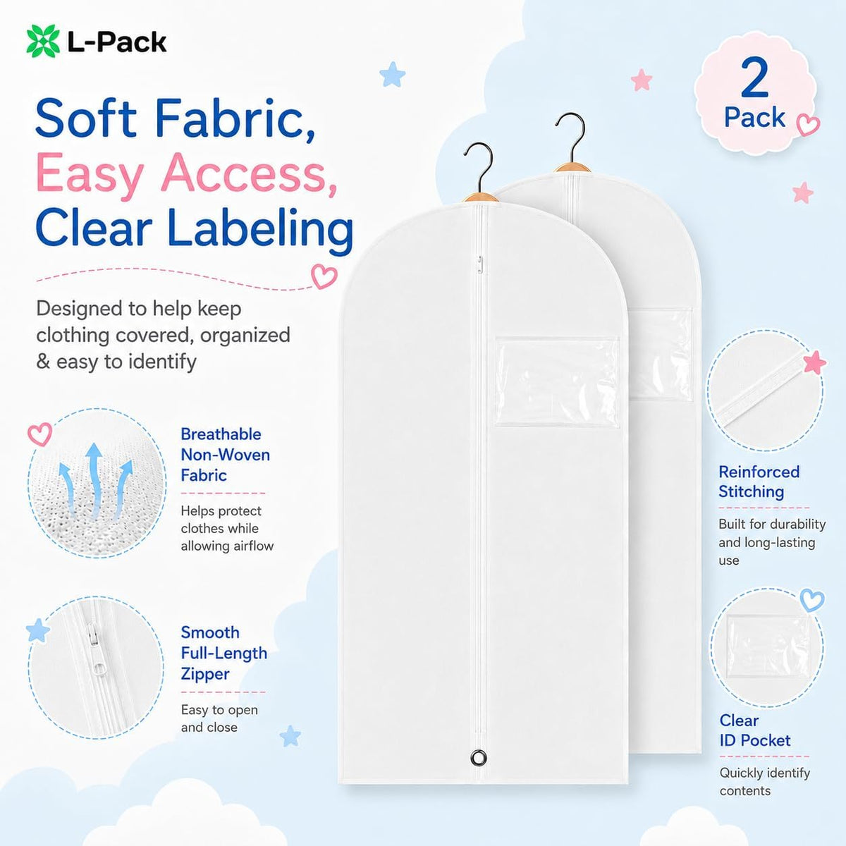 Kids Garment Bag with Clear Window, Hanging Clothes Storage Cover for Dresses, Suits & Dance Costumes, Breathable Travel Bag for Baby Toddler Child, 30" x 18", White, Pack of 2