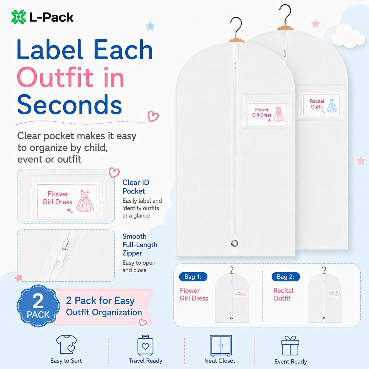 Kids Garment Bag with Clear Window, Hanging Clothes Storage Cover for Dresses, Suits & Dance Costumes, Breathable Travel Bag for Baby Toddler Child, 30" x 18", White, Pack of 2