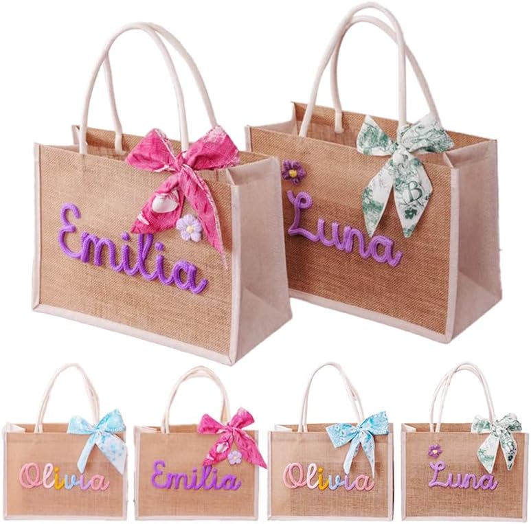 Personalized Embroidered Beach Bag for Kids, Custom Waterproof Tote Bags for Children, Monogram Large Capacity Collecting Toys Flower Girls Birthday Christmas Gifts Handbag for Wedding, Swim, Picnic
