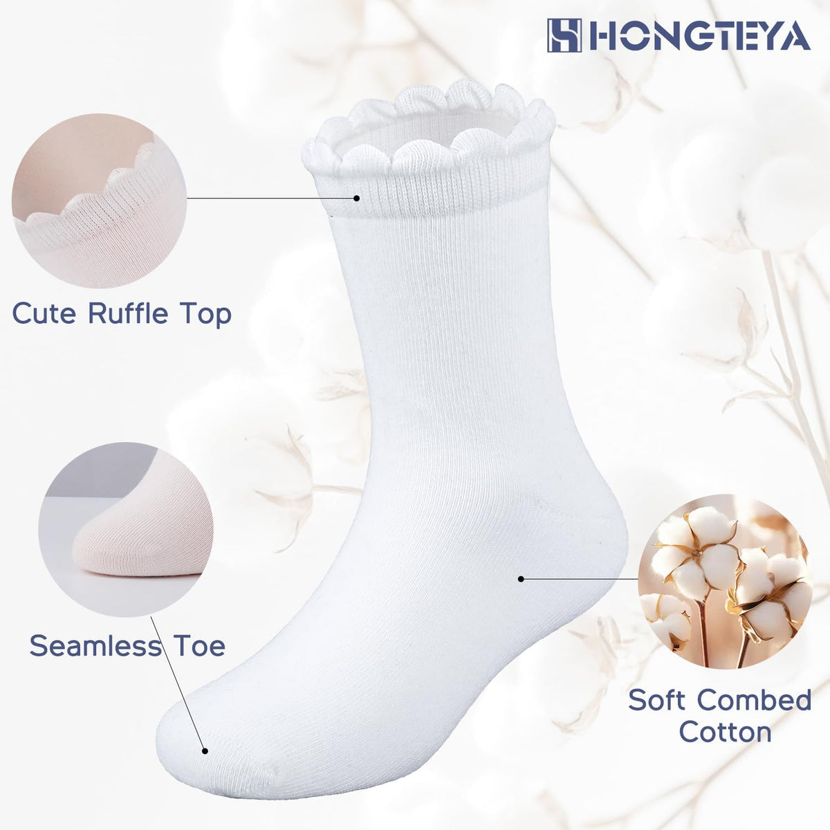 HONGTEYA 6 Pairs Cotton Girls Socks Ruffle Kids Crew Ankle School Uniform