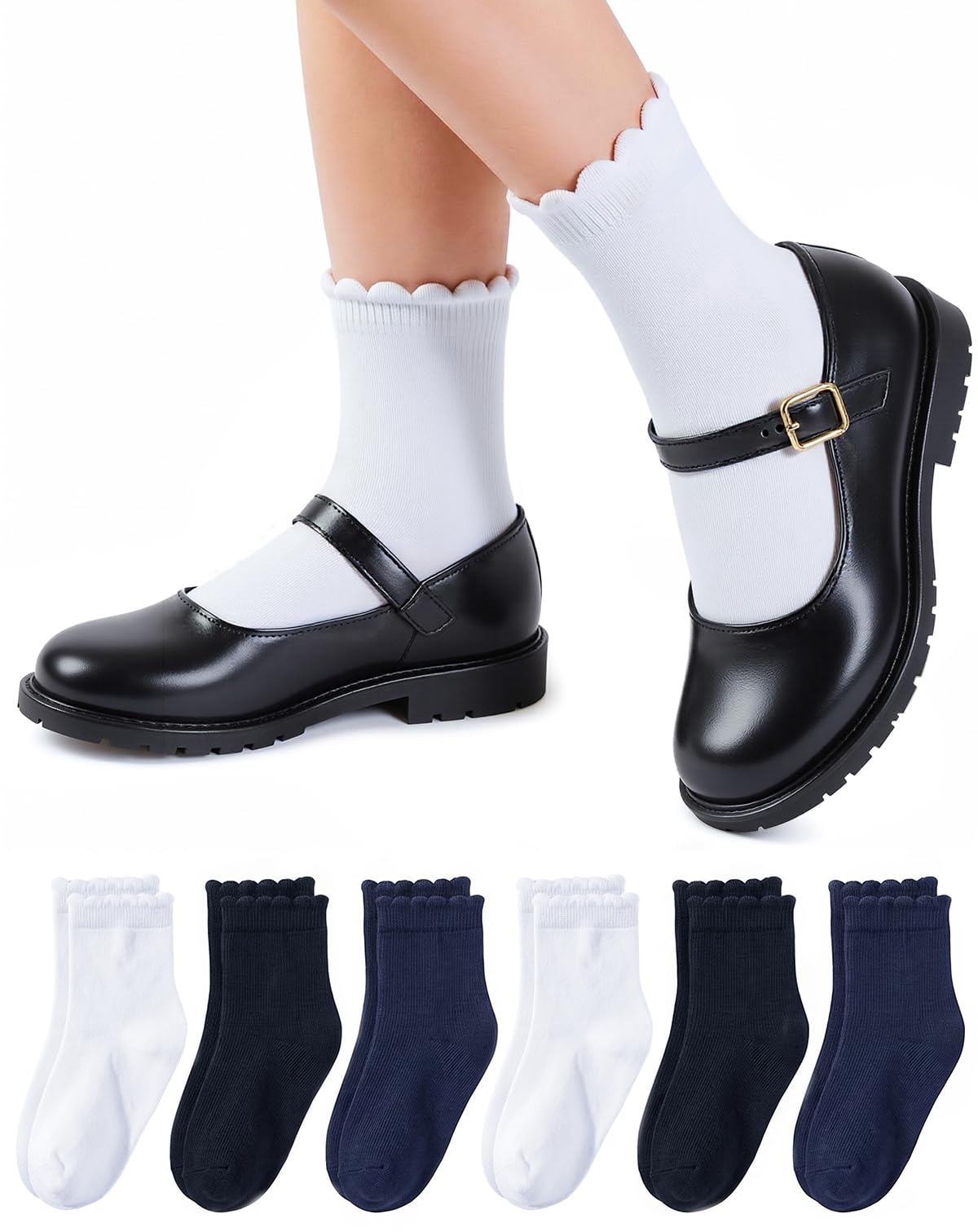 HONGTEYA 6 Pairs Cotton Girls Socks Ruffle Kids Crew Ankle School Uniform