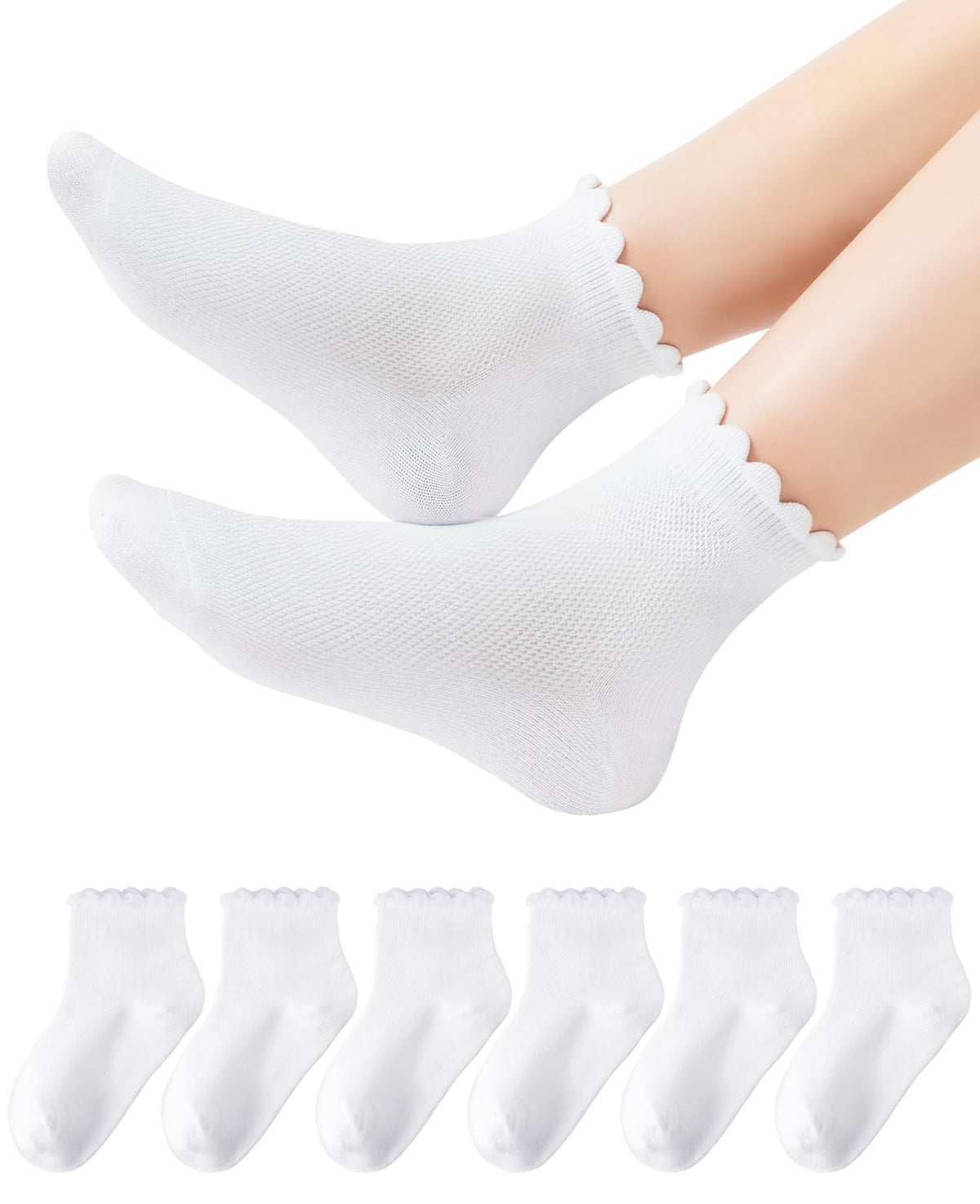 HONGTEYA 6 Pairs Girls Socks Ruffle Cotton School Uniform Kids Ankle Crew