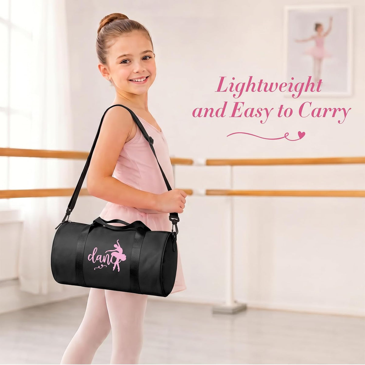 Small Dance Bag for Girls, 8L Lightweight Waterproof Duffle Ballet Bag with Shoulder Strap, Small Gymnastics Overnight Tote Bag for Ballet, Gym, Cheer, Travel - Black