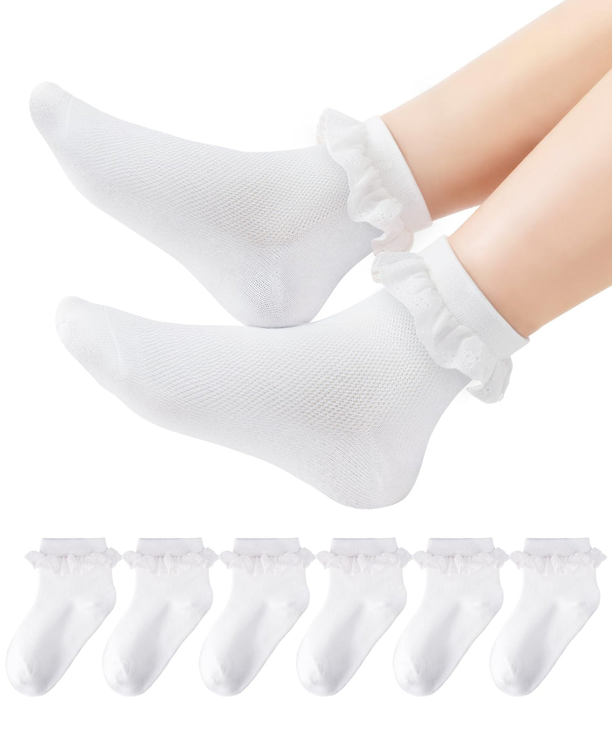HONGTEYA 6 Pairs Girls Socks Ruffle Cotton School Uniform Kids Ankle Crew