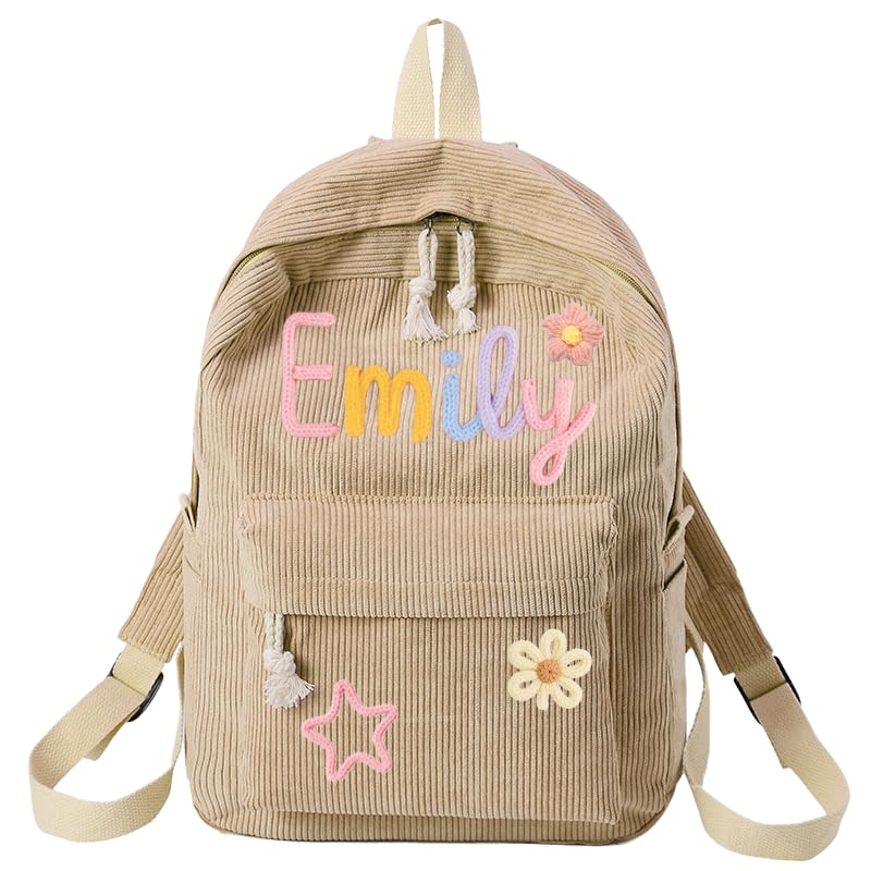Personalized Backpack for Girls/Boys, Custom Corduroy School Bag with Cotton Rope Embroidery Name, Back to School Bag Gifts for Kids, Children Birthday/Christmas Gift