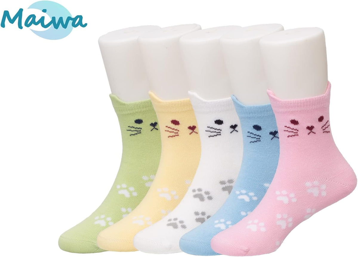 Maiwa Cotton Novelty Cats Seamless Girls Kids Socks 5 Pack