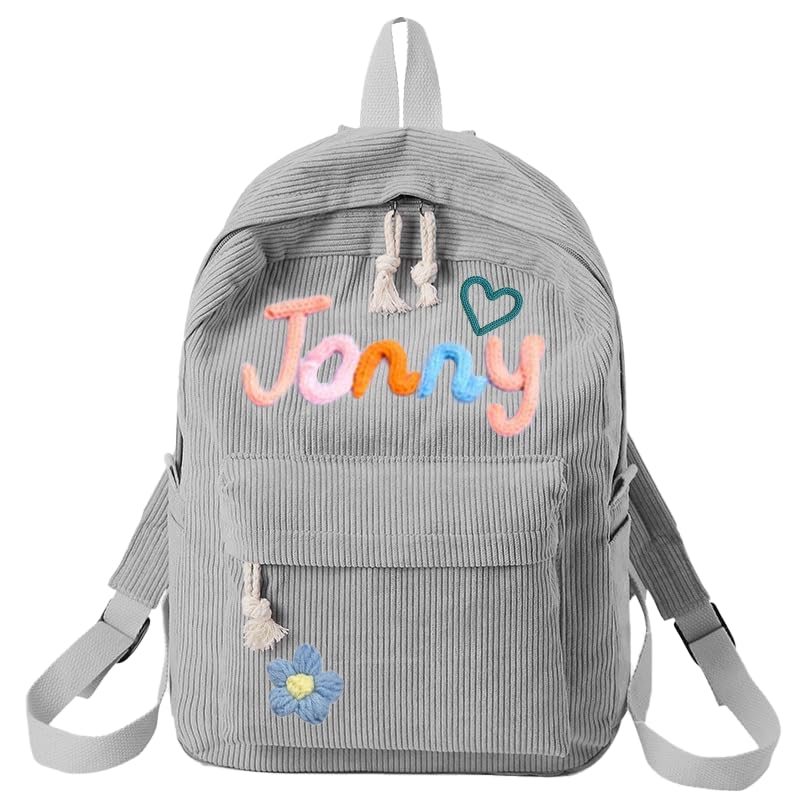 Personalized Backpack for Girls/Boys, Custom Corduroy School Bag with Cotton Rope Embroidery Name, Back to School Bag Gifts for Kids, Children Birthday/Christmas Gift