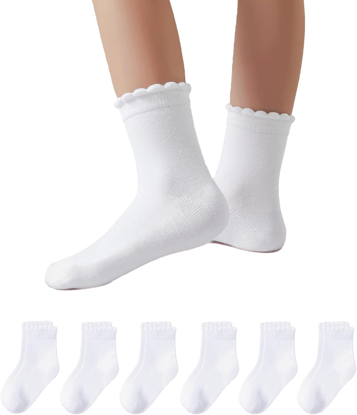 Funjoon Girls Ruffle White School Uniform Socks Crew Scallop Dress Kid Sock