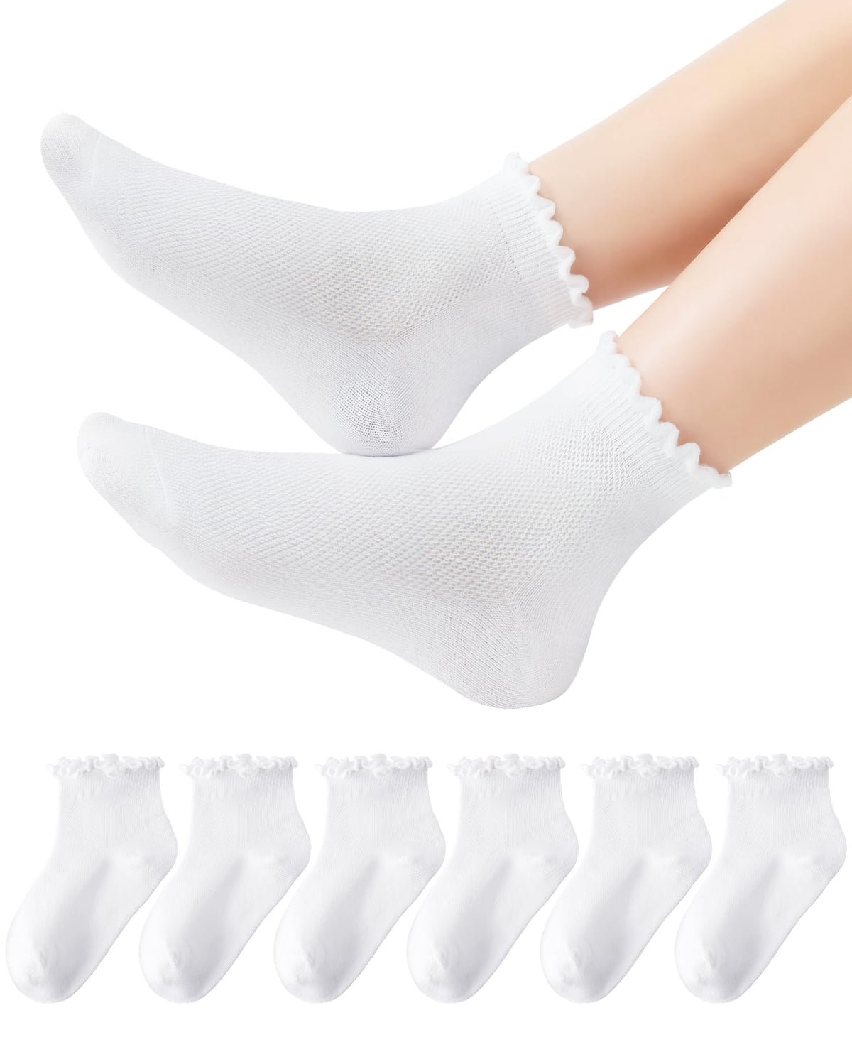 HONGTEYA 6 Pairs Girls Socks Ruffle Cotton School Uniform Kids Ankle Crew