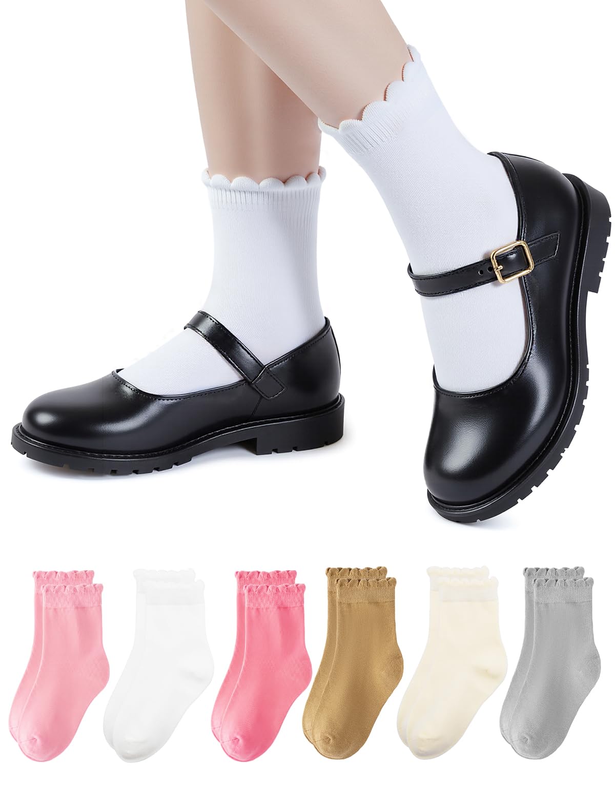 HONGTEYA 6 Pairs Cotton Girls Socks Ruffle Kids Crew Ankle School Uniform