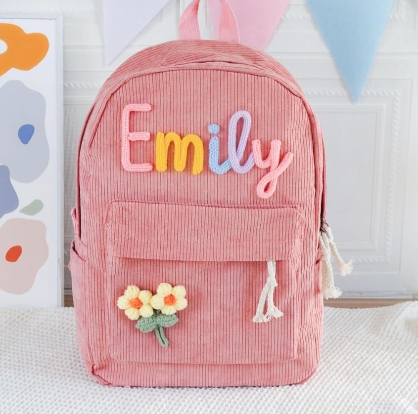 Personalized Backpack for Girls/Boys, Custom Corduroy School Bag with Cotton Rope Embroidery Name, Back to School Bag Gifts for Kids, Children Birthday/Christmas Gift