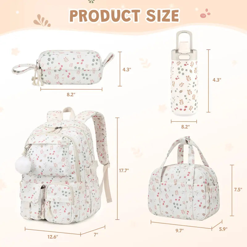 Similove Corduroy Floral Casual Printed Backpack Set - 3-Pocket Kawaii 3/4PCS Bundle with Lunch Bag, Pencil Case, Water Bottle, Lightweight School Supplies for Preschoolers, Daily Carry Book Bag