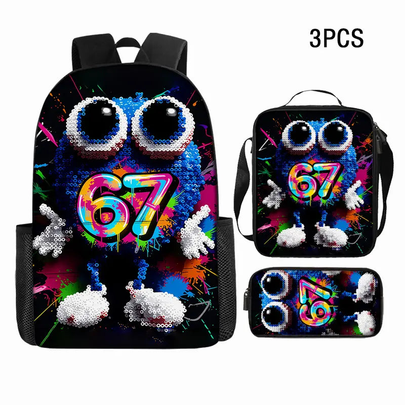3-pack stylish sequined backpacks, rainbow cute monster 67 theme, lightweight travel large capacity backpacks, fashionable design, back-to-school gift. set
