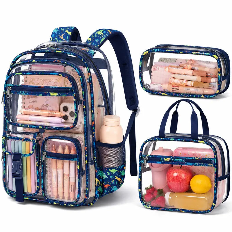 Fimibuke Waterproof PVC Plastic 3PCS Backpack Set Pack - Lightweight, Zipper-Closure, with Lunch Box & Pencil Pouch, Stadium Approved, Unisex All Seasons Campus Life Back to School Haul Bags