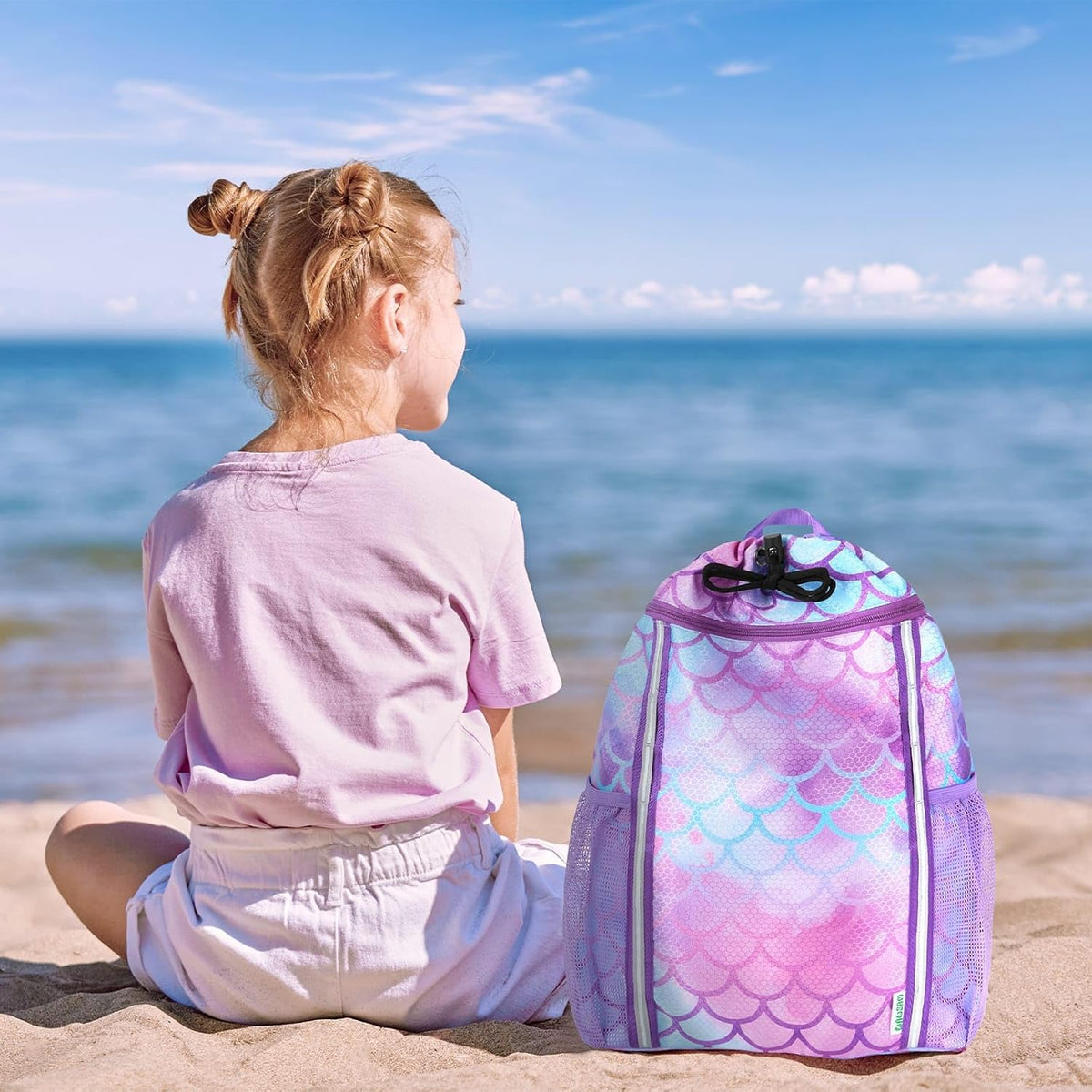 WAWSAM Mermaid Drawstring Backpack for Kids Girls with Two Bottle Pockets
