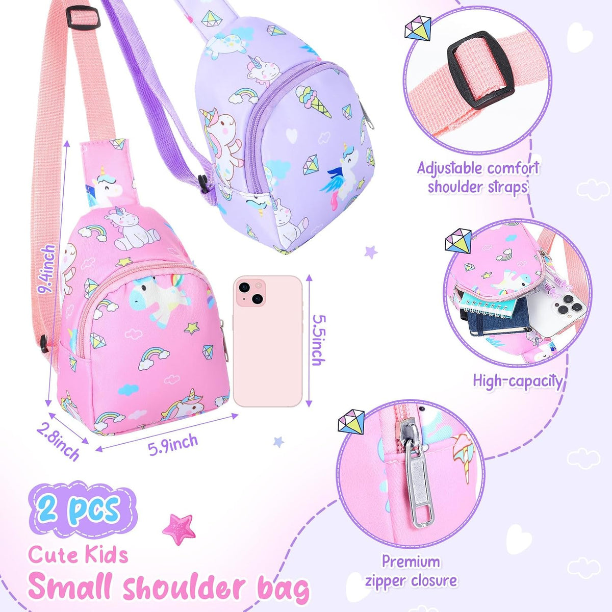 2 Pcs Kids Crossbody Bag, Sling Coin Pouch Unicorn, classic